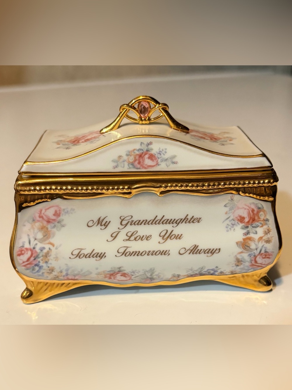 Bradford Exchange Porcelain Music Box- Granddaughter- with Gold Trim